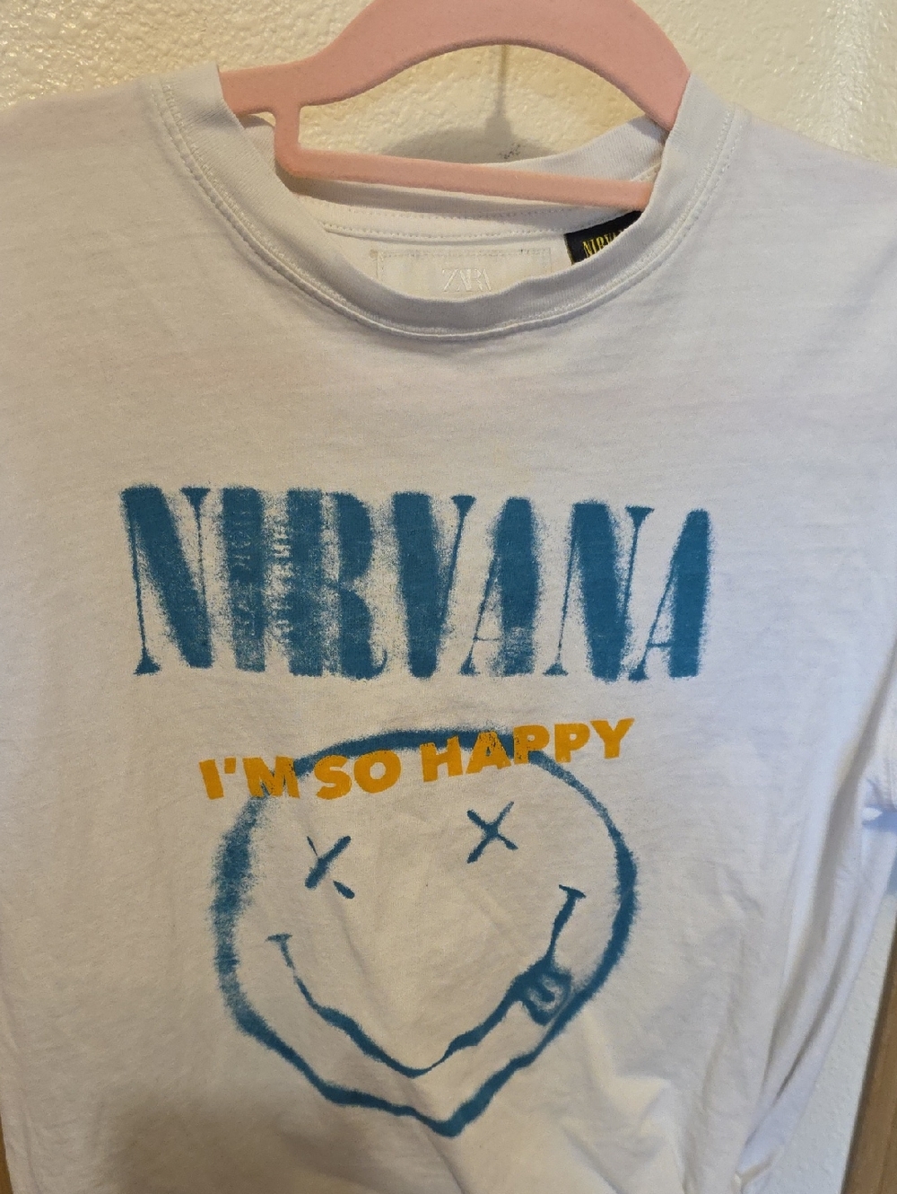 Y2k Zara NIRVANA White Tee with Blue Logo and Yellow Text